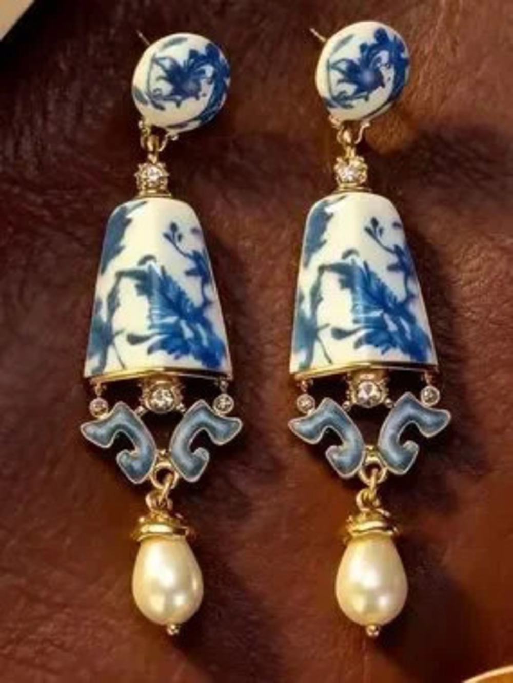 Anthropologie Blue and White Porcelain-Inspired Drop Earrings with Pearl Dangles